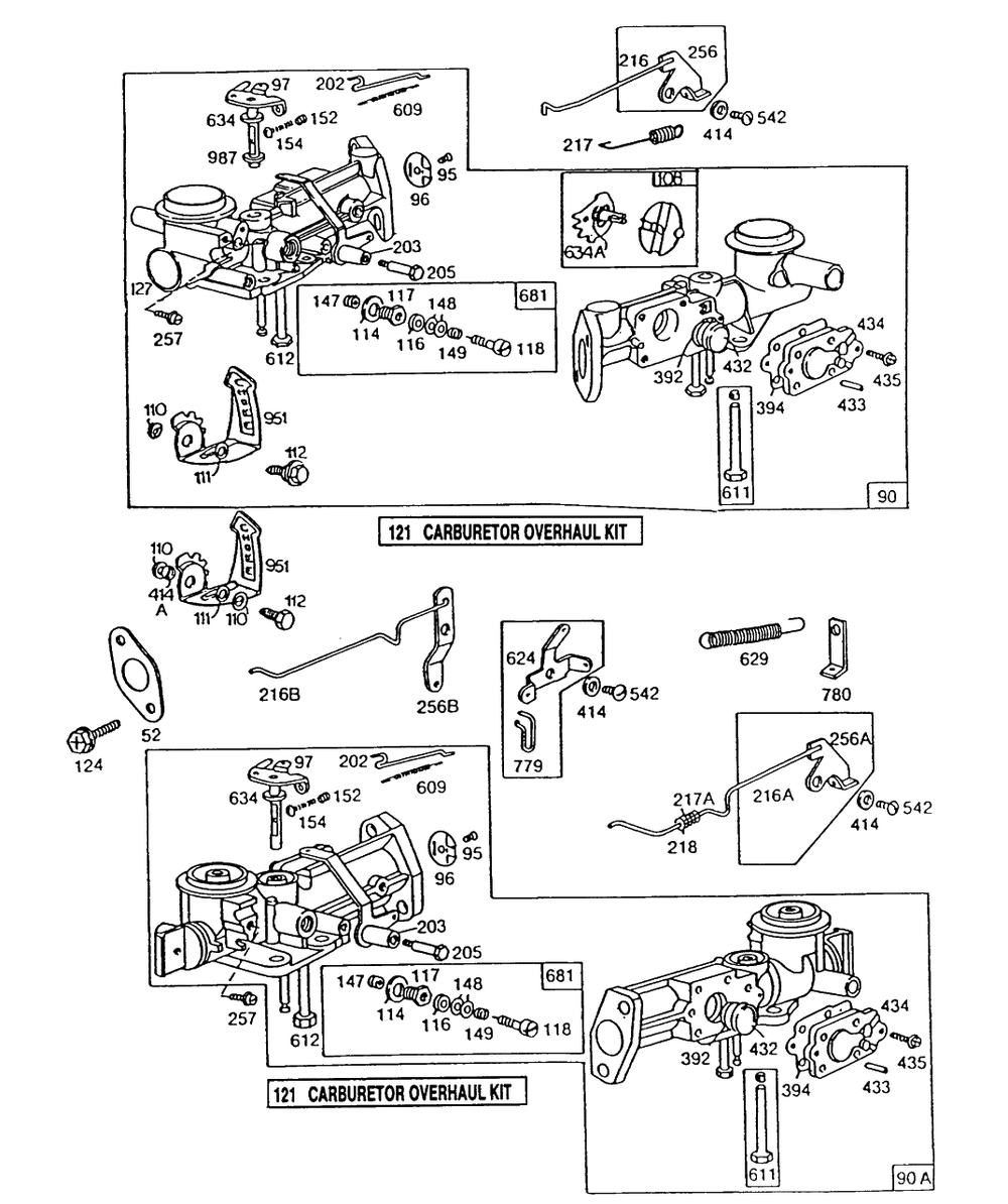 (2) Carburetor Assemblies Diagram and Parts List for 130202-1820-XX  Briggs and Stratton Engine
